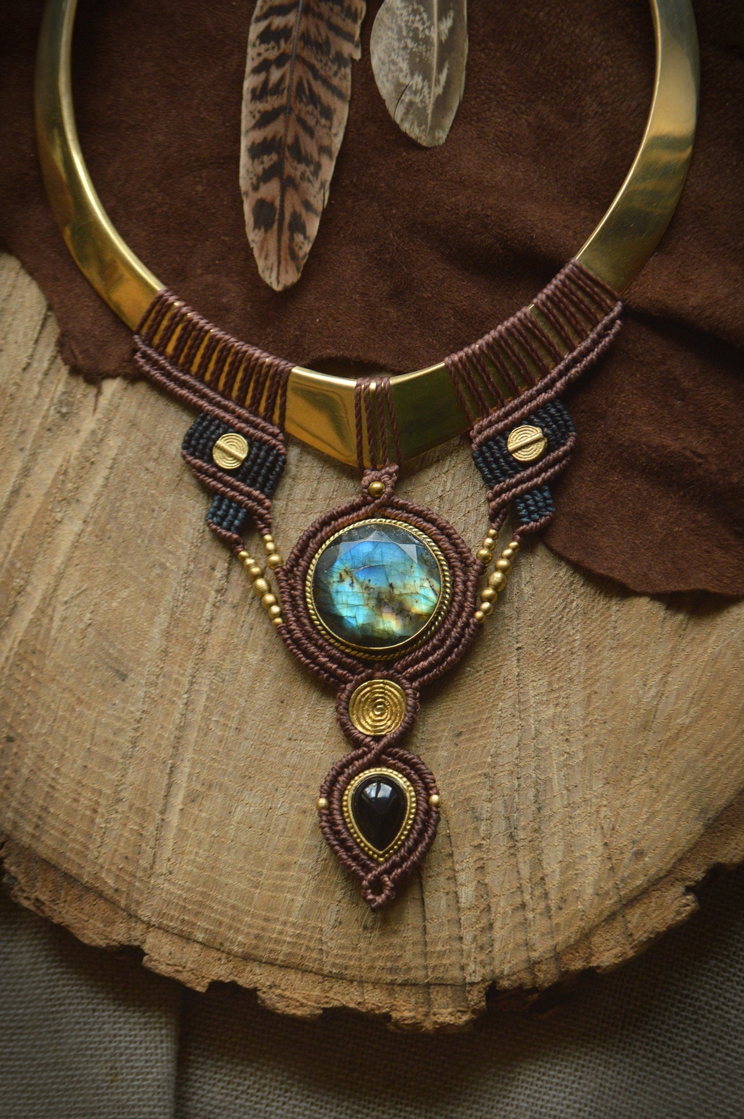 Detachable body chain collar necklace with labradorite and black onyx. Boho, tribal, body jewellery