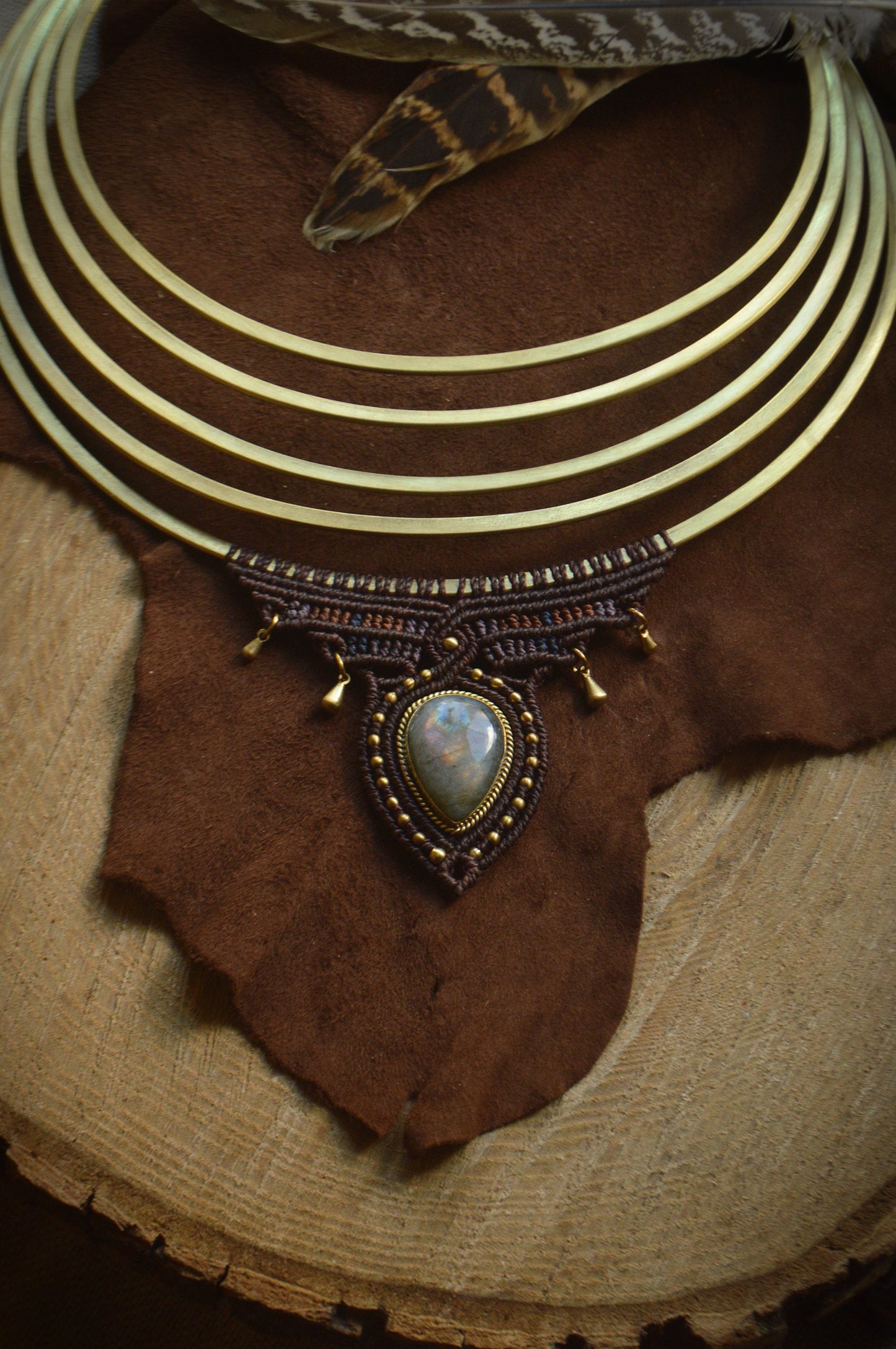 Statement macrame brass collar with removable body chain, with labradorite and garnet. Tribal fusion belly dance