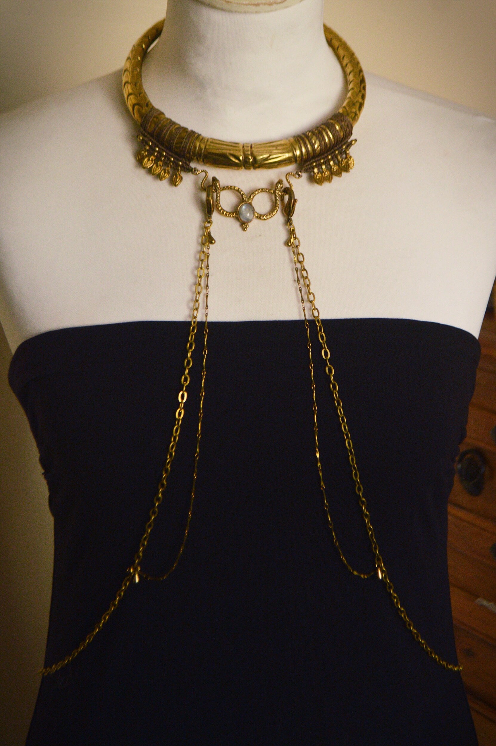 Rainbow moonstone ornamental body harness with brass chains and detachable macrame brass collar