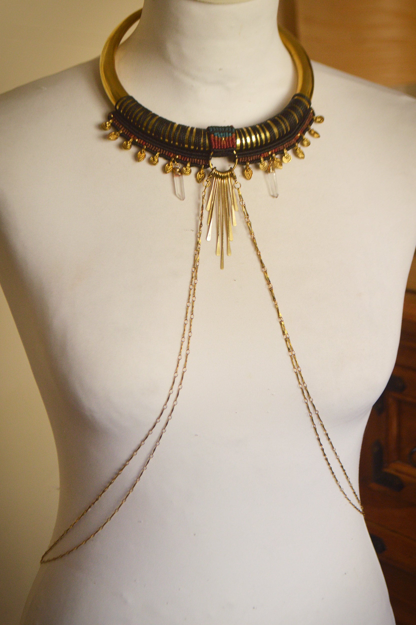 Tribal macrame body harness with quartz points, brass chains and detachable brass collar