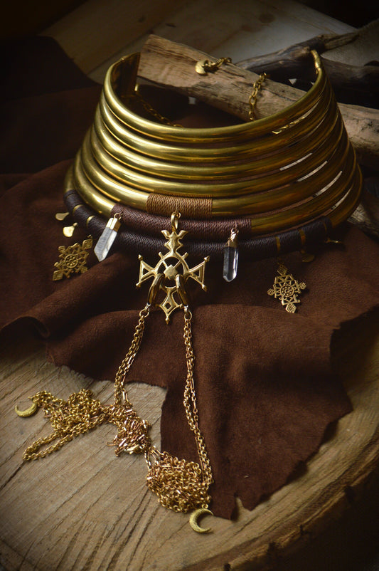 Tribal goddess, giraffe macrame collar with body harness, quartz points and berber charms