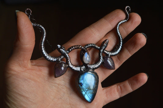 Black statement collar. Amethyst, rainbow moonstone and blue labradorite. Witchy amulet necklace